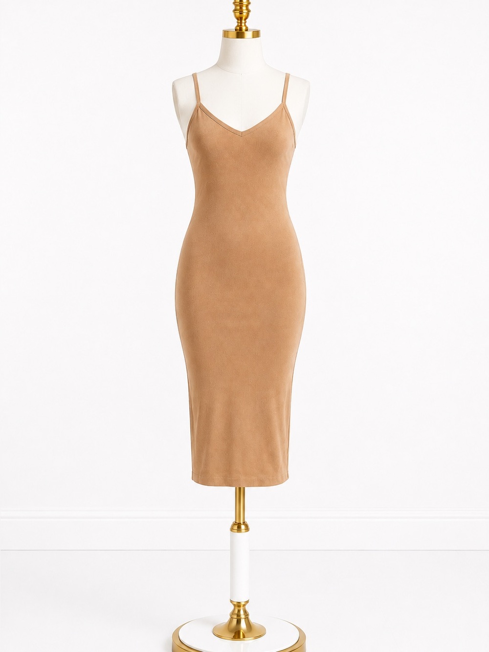Slim-Fit Camel Spaghetti-Strap Midi Dress